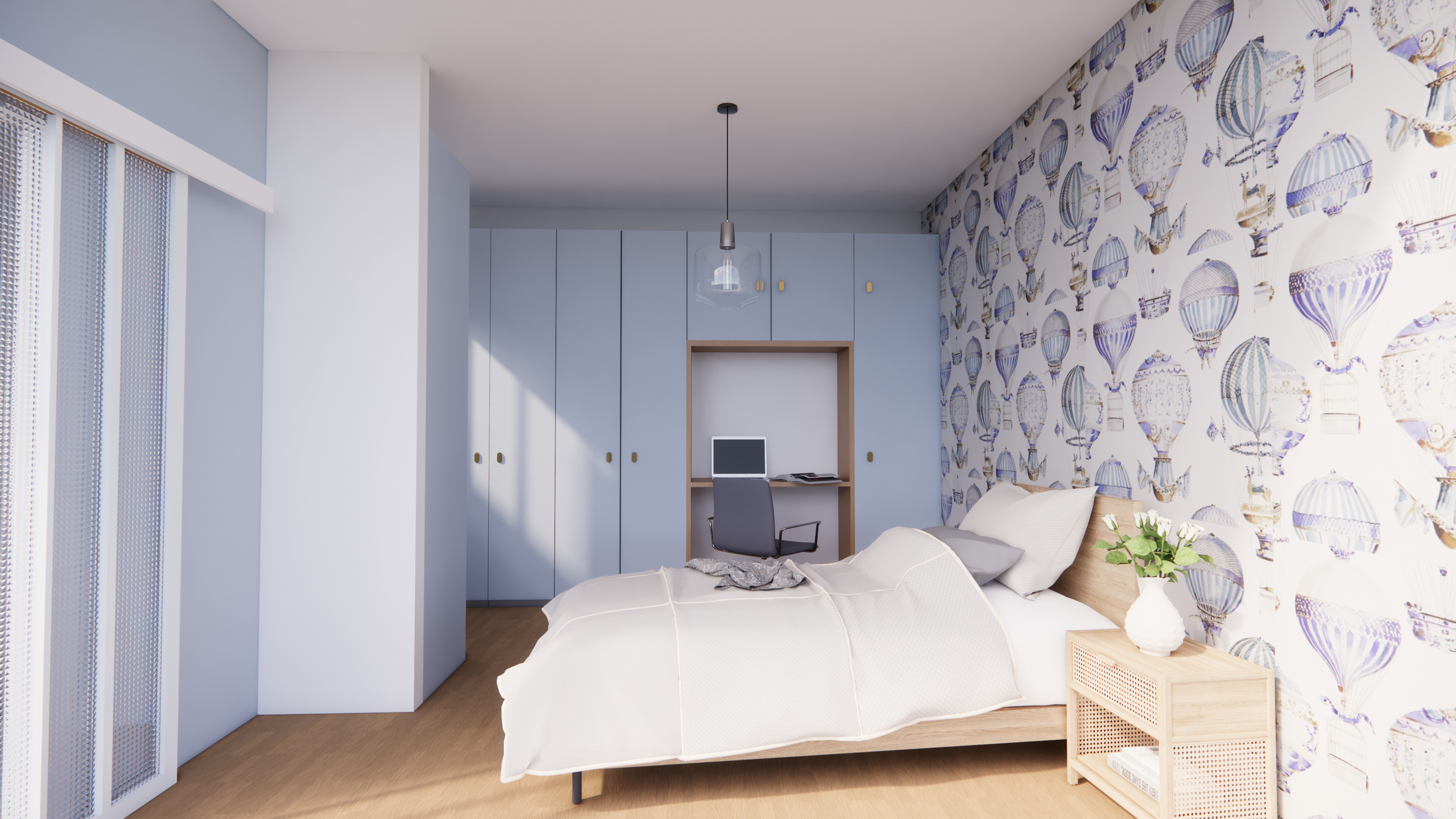Rendu 3D chambre enfant avec papier peint montgolfières