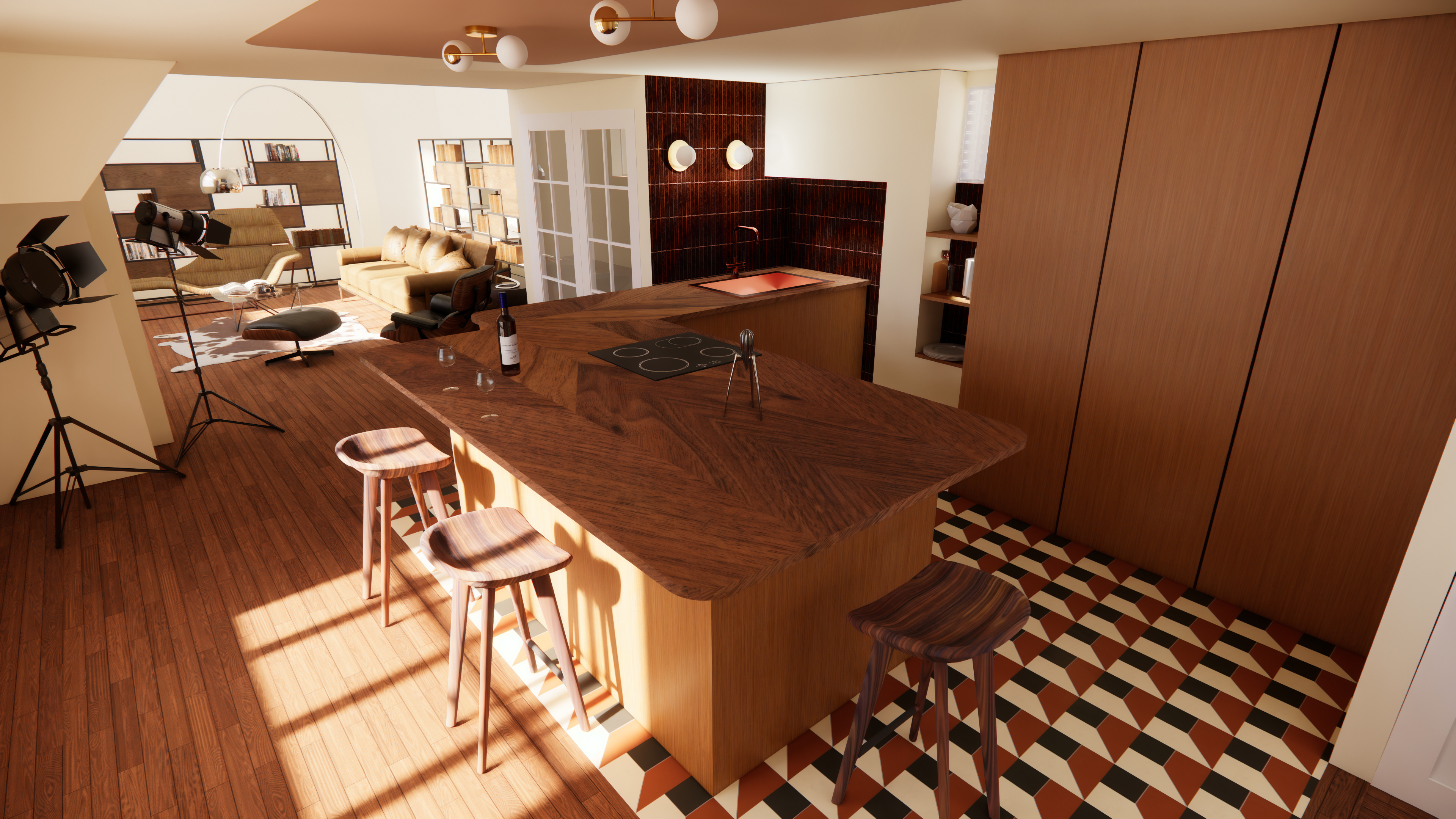 Rendu 3D cuisine îlot bois ambiance marron Paris 9e