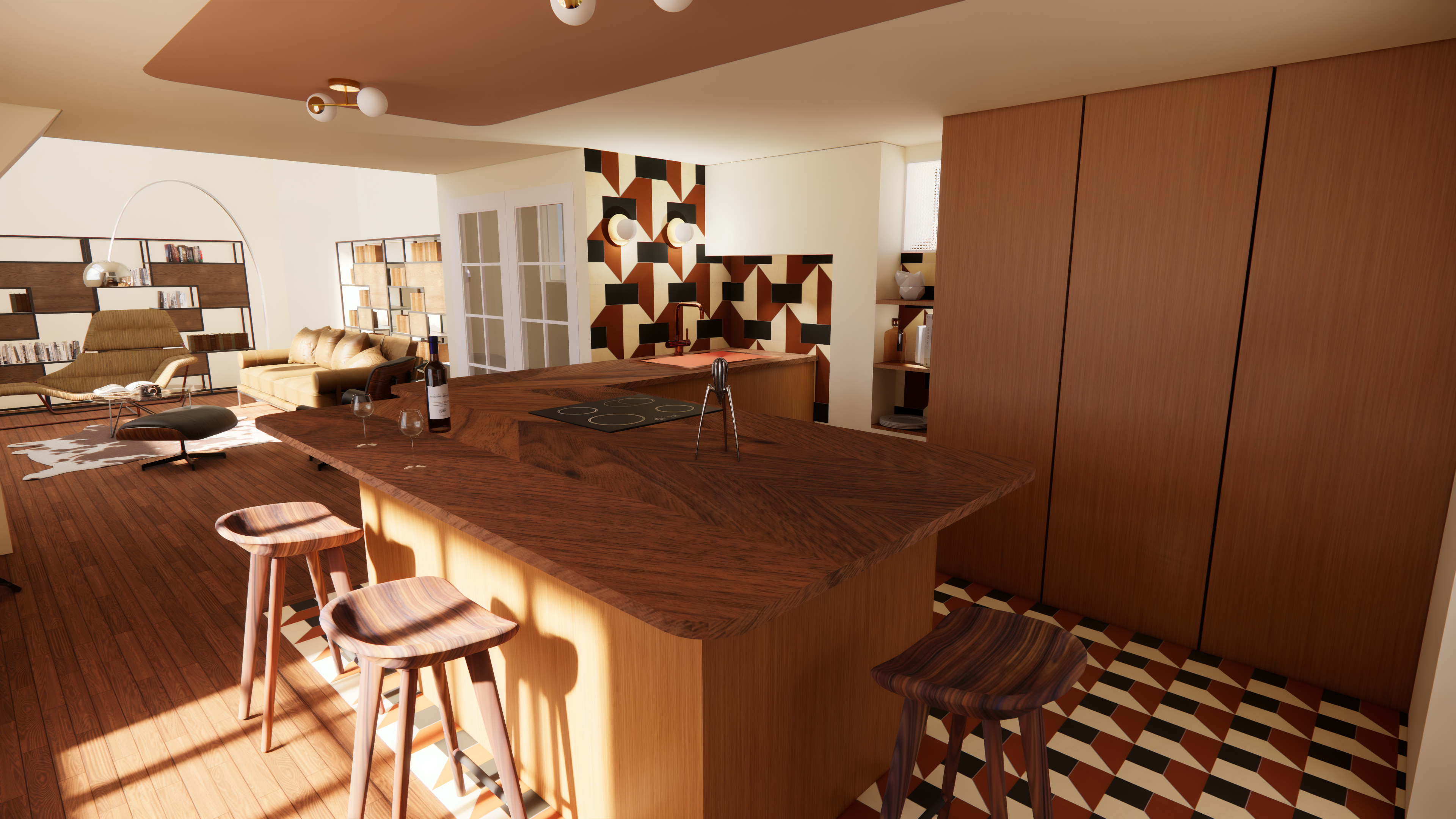 Rendu 3D cuisine îlot bois variante chromatique Paris 9e