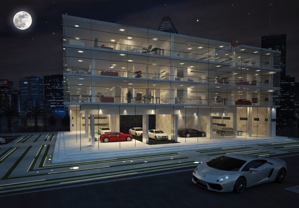 Showroom Mazda — façade latérale vitrée
