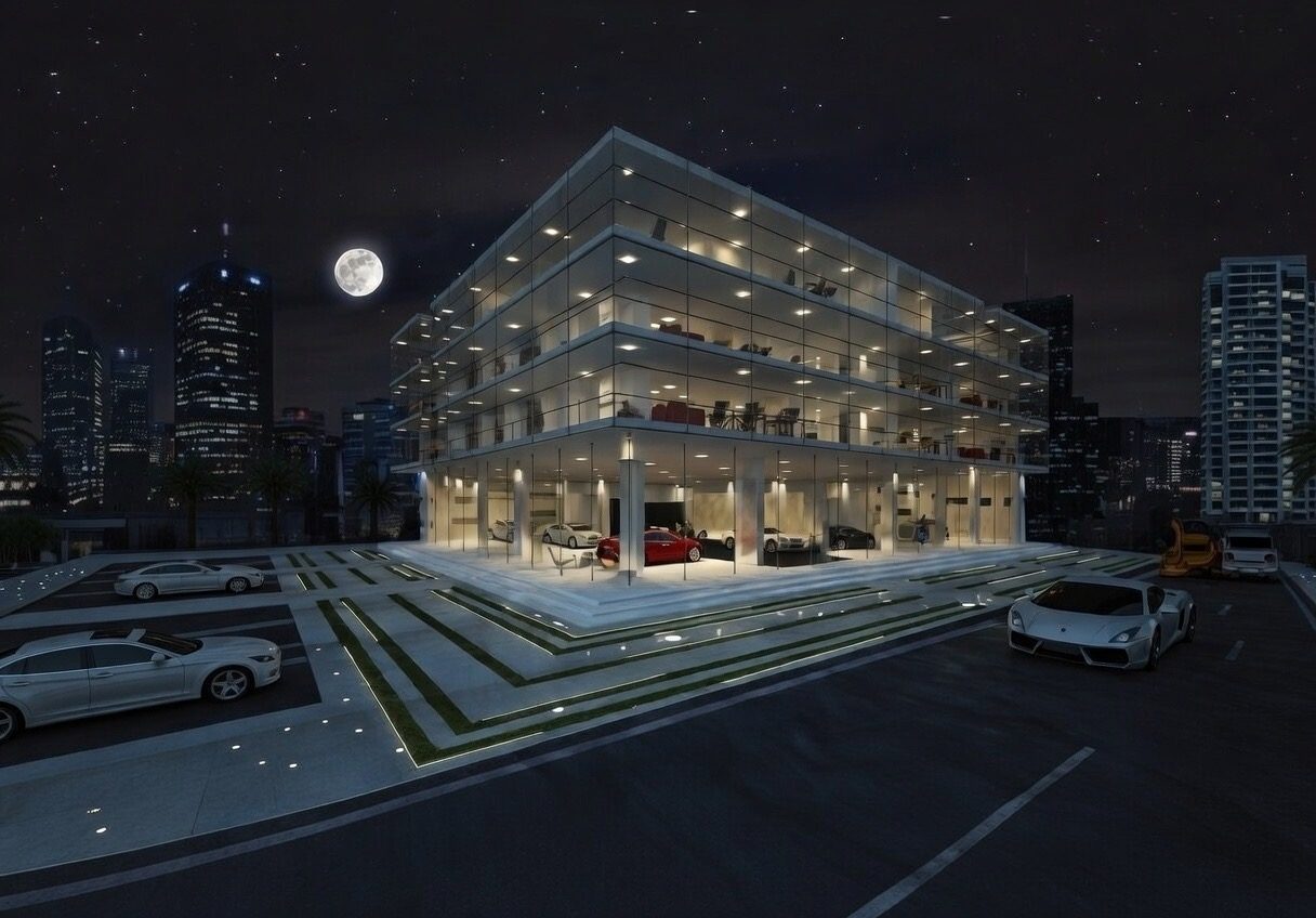 Showroom Mazda — vue large de nuit